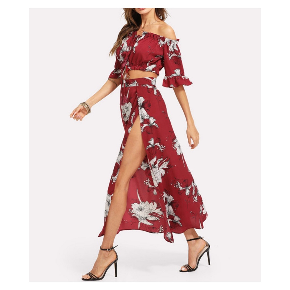 Red Floral Off the Shoulder Crop Top Skirt Set - Picture 2 of 5